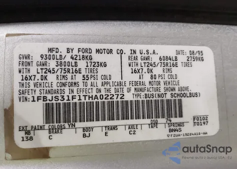 1996 Ford Econoline E350 Super Duty from USA, damaged, VIN 1FBJS31F1THA02272